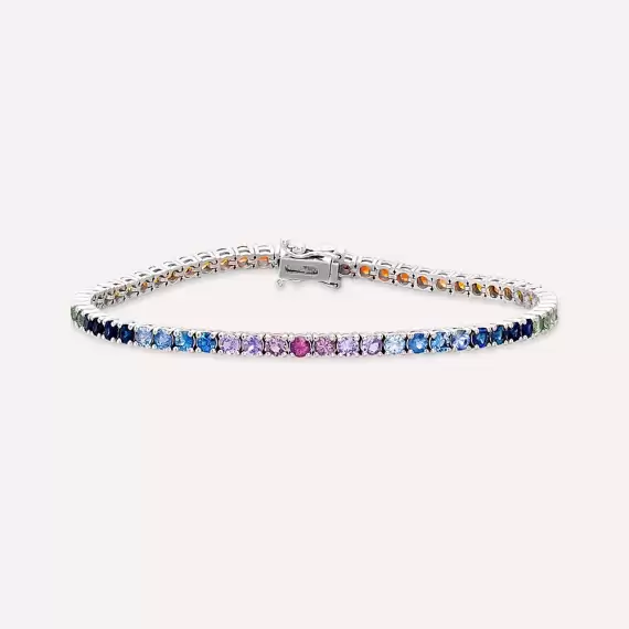 5.55 CT Multicolor Sapphire White Gold Tennis Bracelet - 2