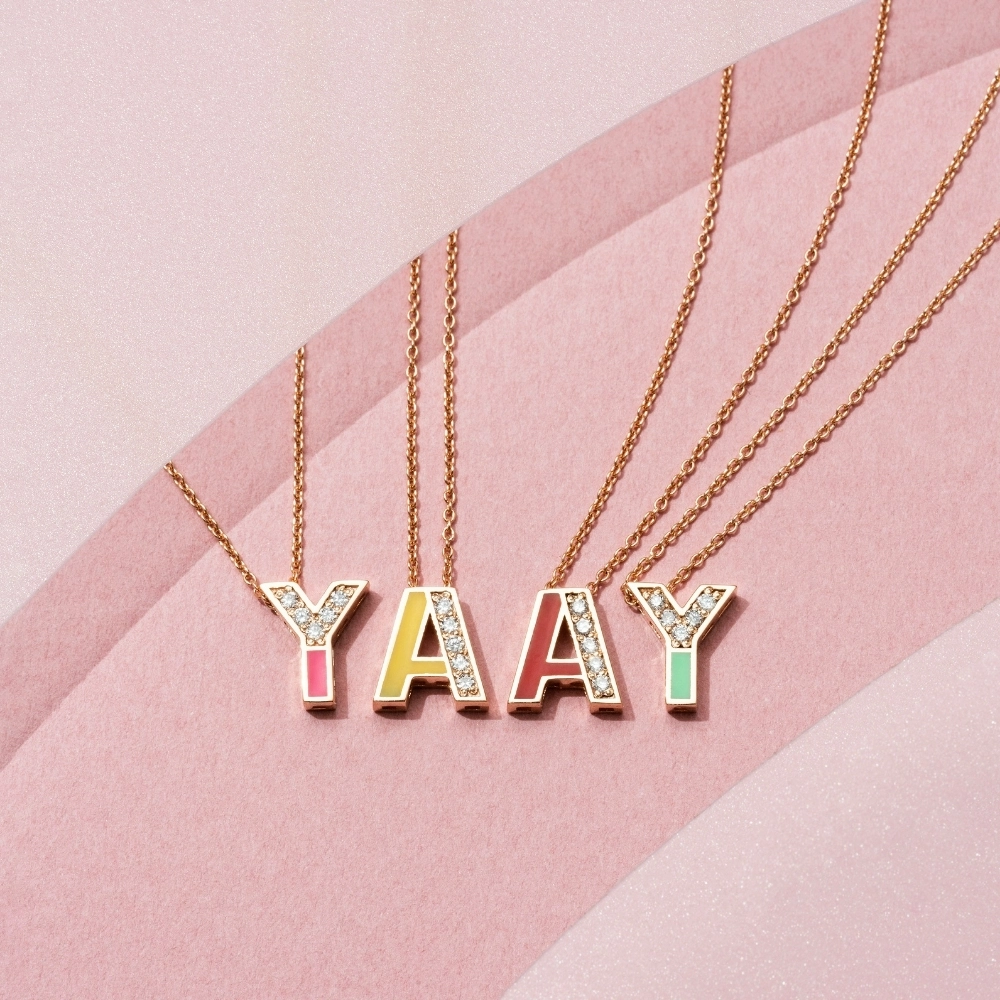 A Letter Diamond and Pink Enamel Rose Gold Pendant - 3