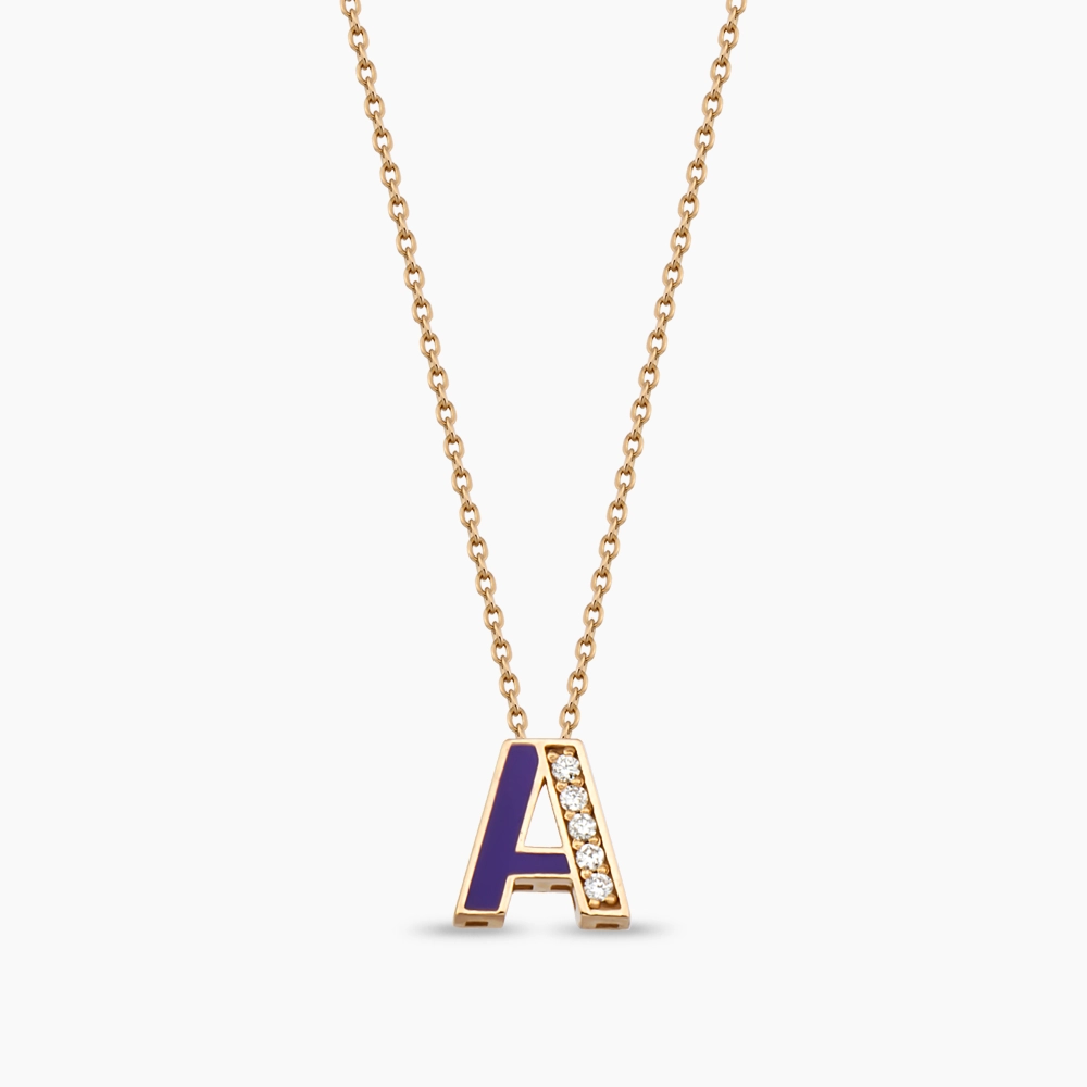 A Letter Diamond and Purple Enamel Purple Enamel Rose Gold Pendant - 1