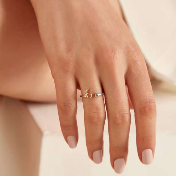Baguette Cut Diamond and Green Sapphire G Letter Ring - 2