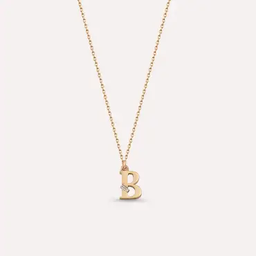 Baguette Cut Diamond Rose Gold B Letter Necklace - Nev Jewellery (1)