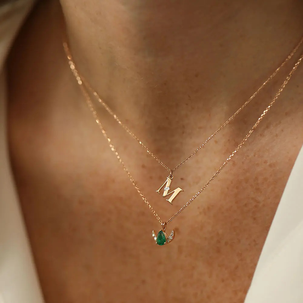 Baguette Cut Diamond Rose Gold M Letter Necklace - Nev Jewellery (1)
