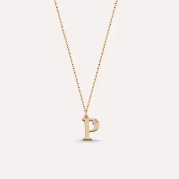 Baguette Cut Diamond Rose Gold P Letter Necklace - Nev Jewellery (1)