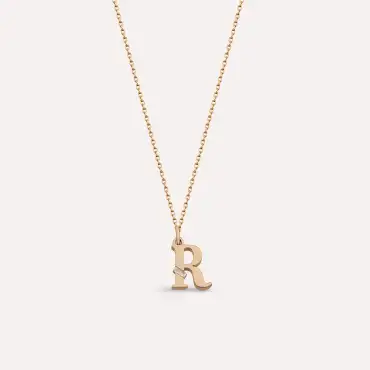 Baguette Cut Diamond Rose Gold R Letter Necklace - Nev Jewellery (1)