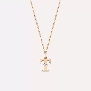 Baguette Cut Diamond Rose Gold T Letter Necklace - Nev Jewellery (1)