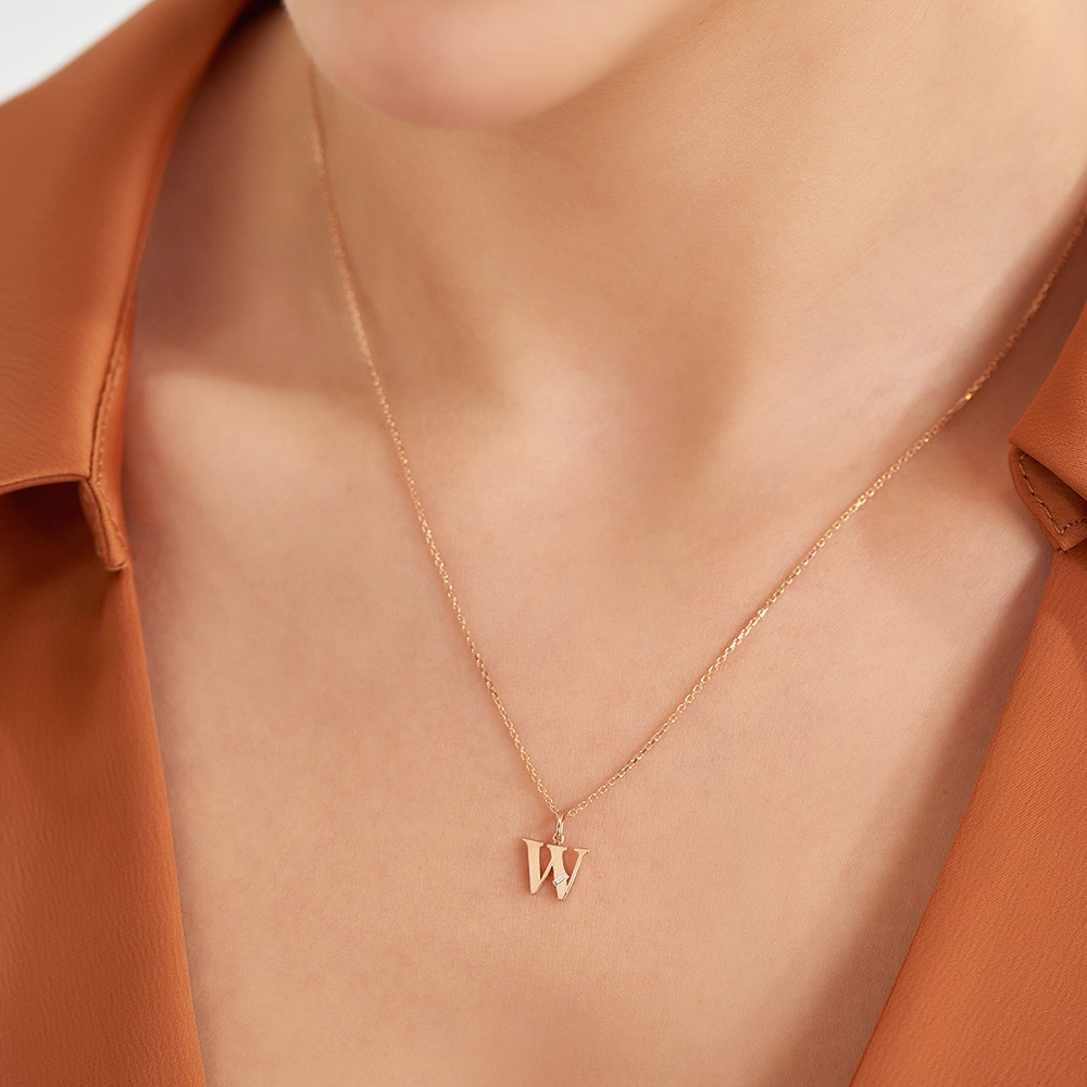 Baguette Cut Diamond Rose Gold W Letter Necklace - Nev Jewellery (1)