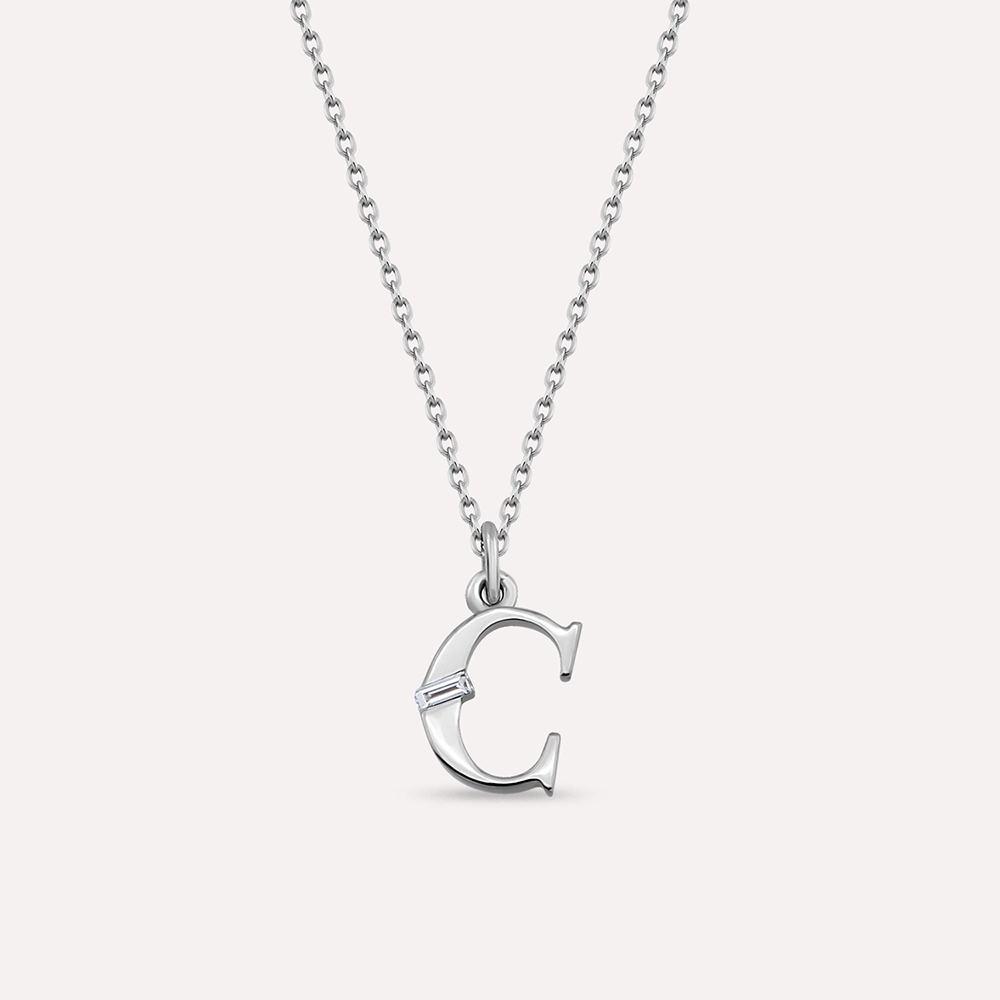 Baguette Cut Diamond White Gold C Letter Necklace - Nev Jewellery (1)