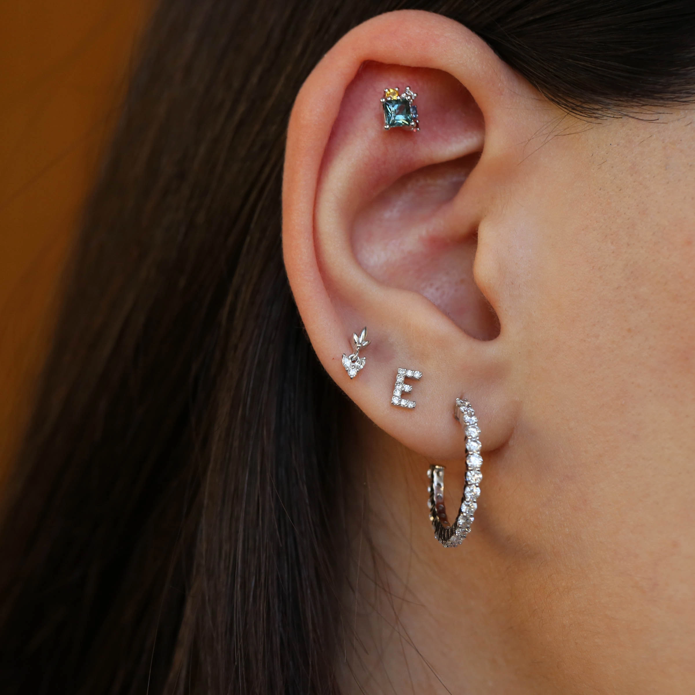 Baguette Cut Diamond White Gold E Letter Mini Single Earring - Nev Jewellery (1)