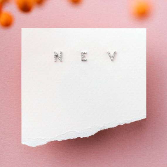 Baguette Cut Diamond White Gold E Letter Mini Single Earring - 3