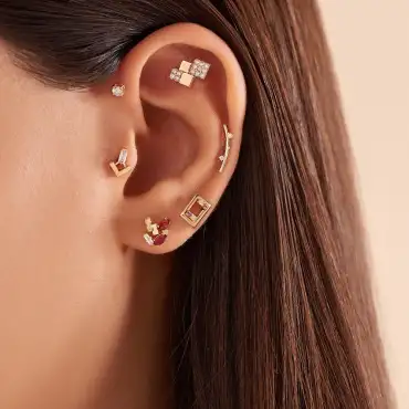 Berry Red Sapphire and Baguette Cut Diamond Rose Gold Single Earring - Nev Jewellery (1)