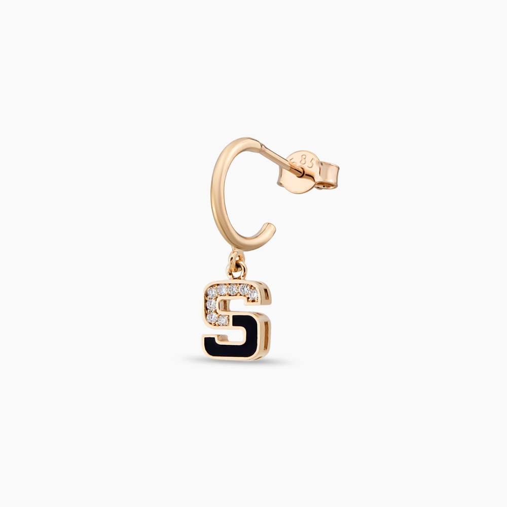 Black Enamel and Diamond S Letter Single Dangling Earring - 1