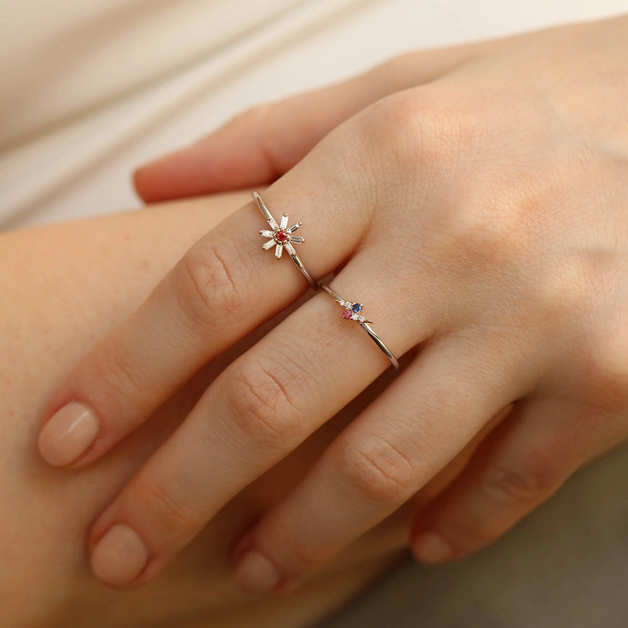Blossom 0.19 CT Red Sapphire and Baguette Cut Diamond Ring - 6