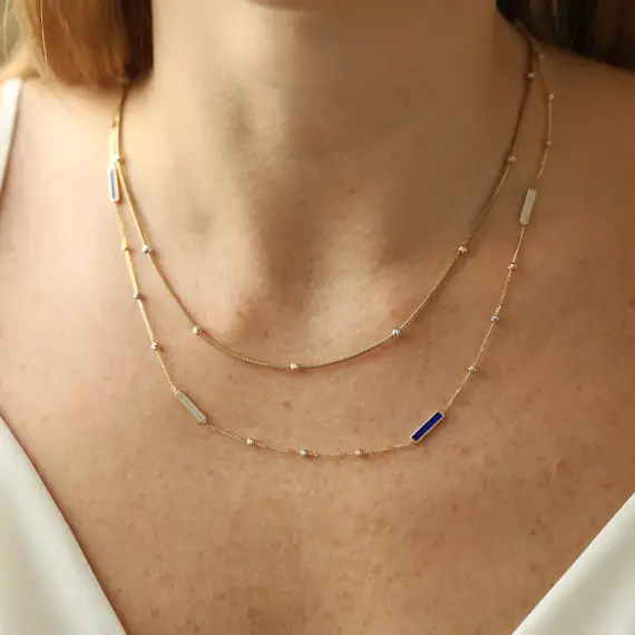 Blue and Pearl Enamel Dorica Detailed Yellow Gold Necklace - 2