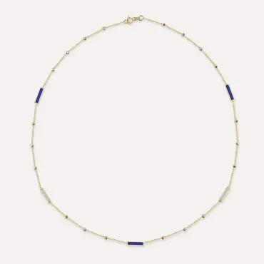 Blue and Pearl Enamel Dorica Detailed Yellow Gold Necklace - Nev Jewellery (1)