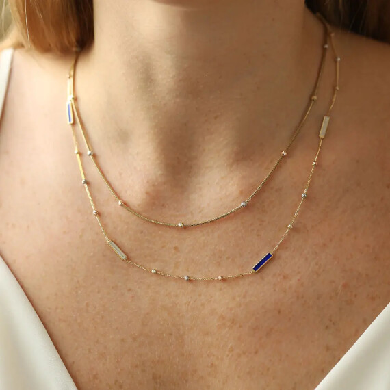 Blue and Pearl Enamel Dorica Detailed Yellow Gold Necklace - Nev Jewellery