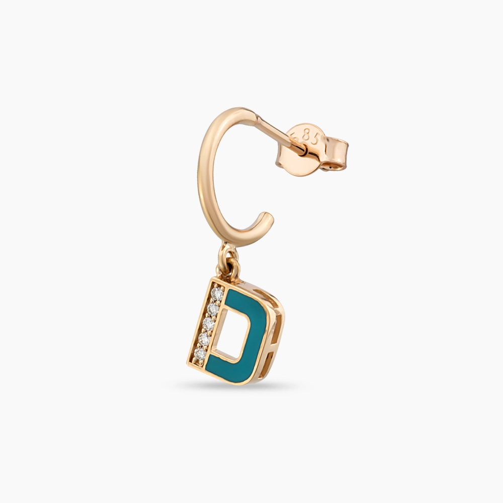 Blue Enamel and Diamond D Letter Single Dangling Earring - 1
