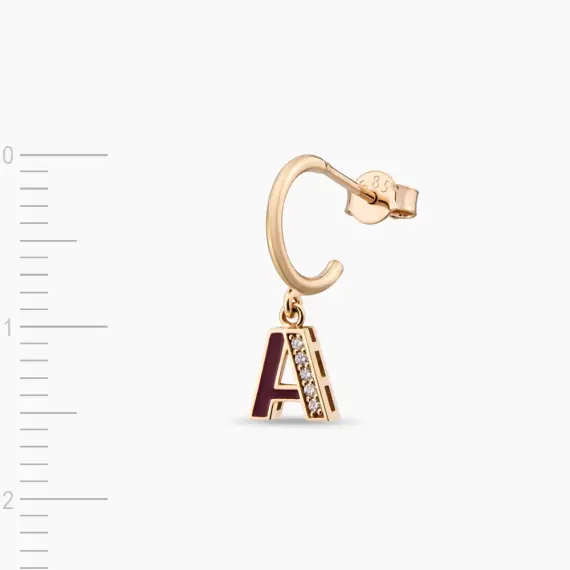 Burgundy Enamel and Diamond A Letter Single Dangling Earring - 3