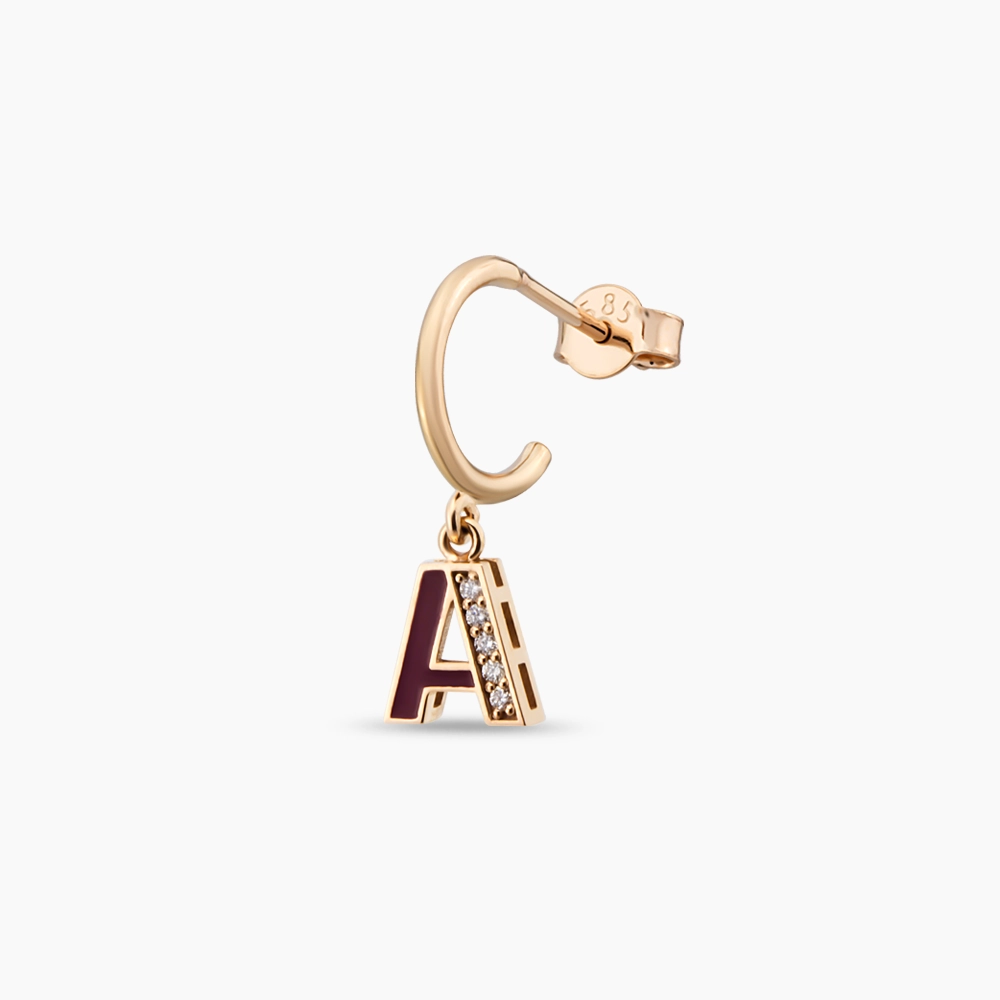 Burgundy Enamel and Diamond A Letter Single Dangling Earring - 1