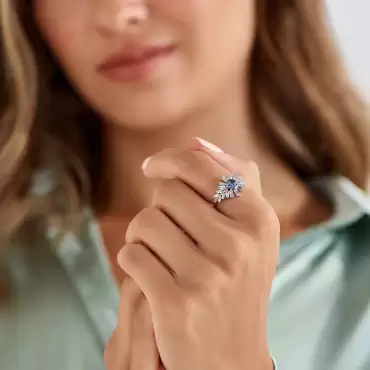 Chic 1.19 CT Blue Sapphire and Baguette Cut Diamond White Gold Ring - Nev Jewellery (1)