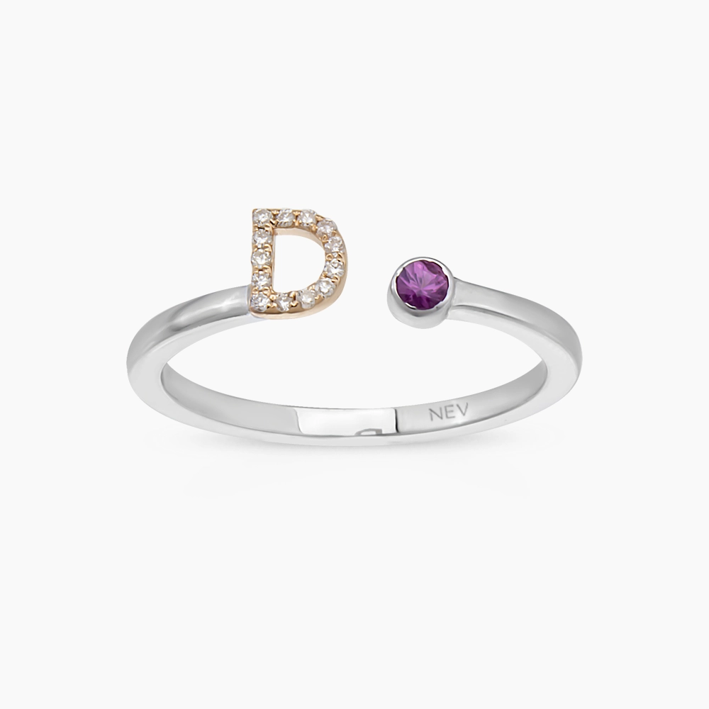 Diamond and Purple Sapphire White Gold D Letter Ring - 1