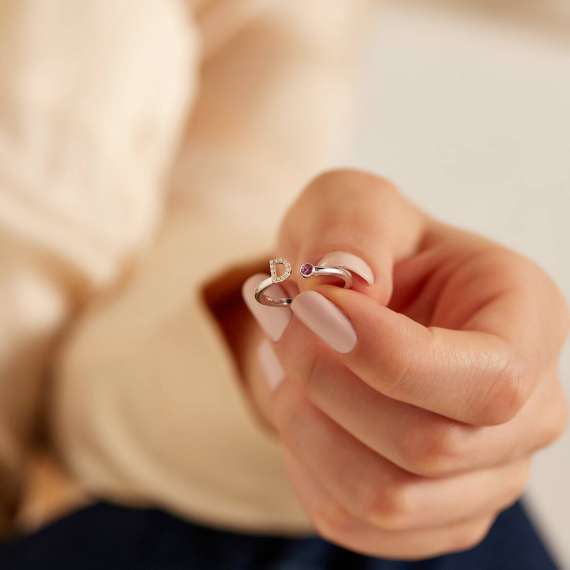 Diamond and Purple Sapphire White Gold D Letter Ring - 2
