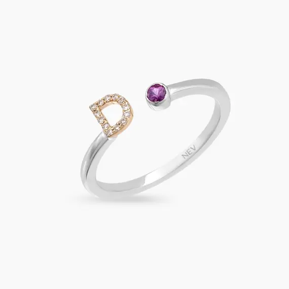 Diamond and Purple Sapphire White Gold D Letter Ring - 4
