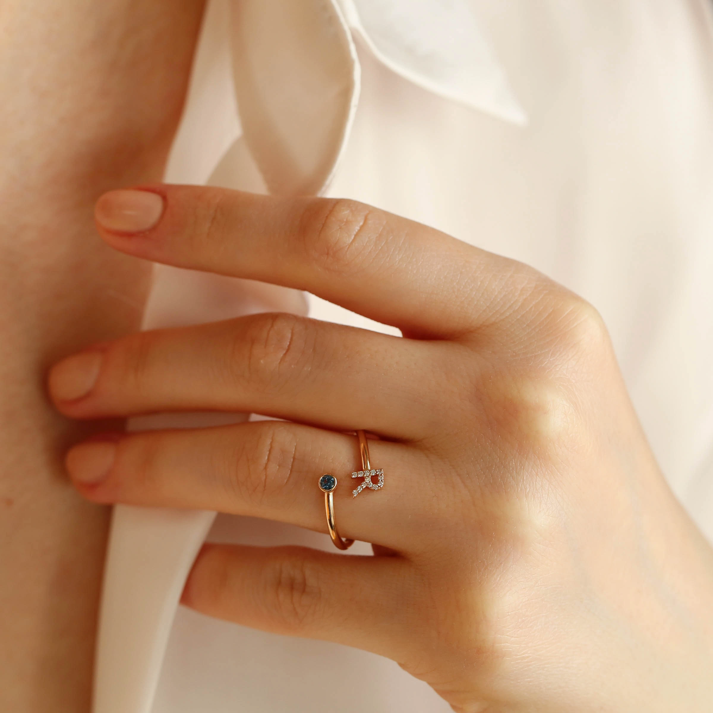 Diamond and Blue Sapphire Rose Gold R Letter Ring - 3