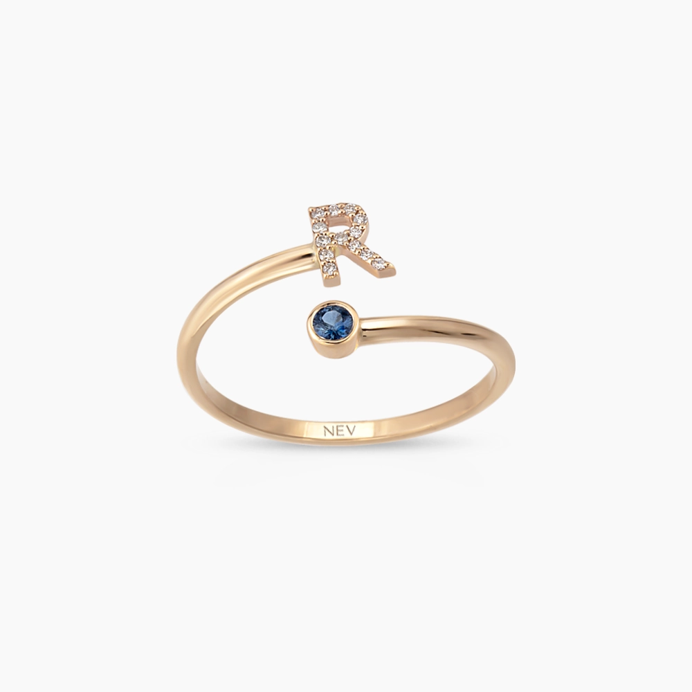 Diamond and Blue Sapphire Rose Gold R Letter Ring - 1