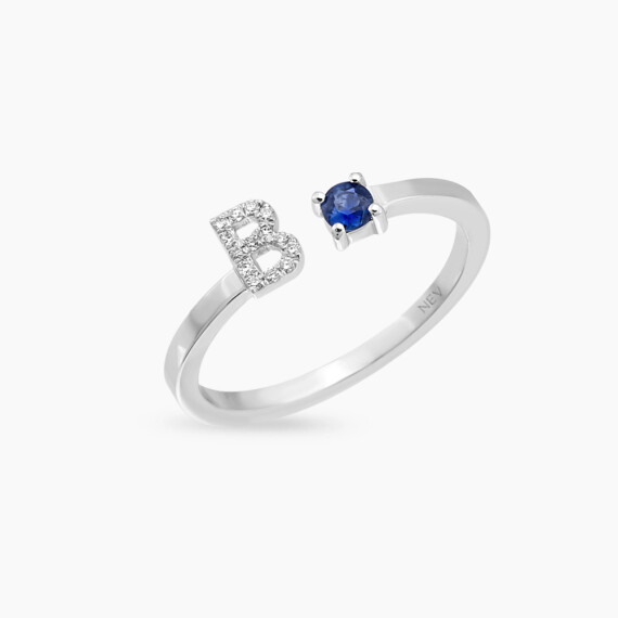 Diamond and Blue Sapphire White Gold B Letter Ring - Nev Jewellery