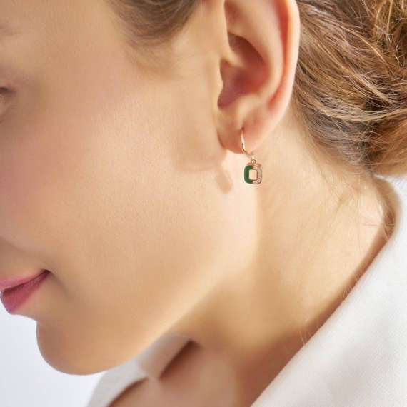 Diamond and Green Enamel O Letter Single Dangling Earring - 2
