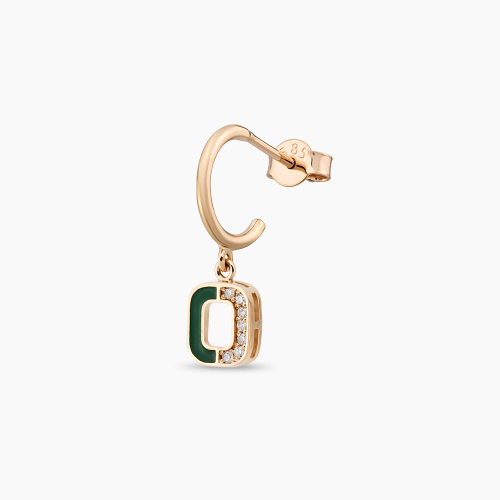 Diamond and Green Enamel O Letter Single Dangling Earring - 1