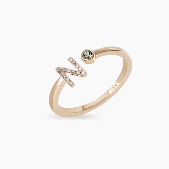 Diamond and Green Sapphire Rose Gold N Letter Ring - 4
