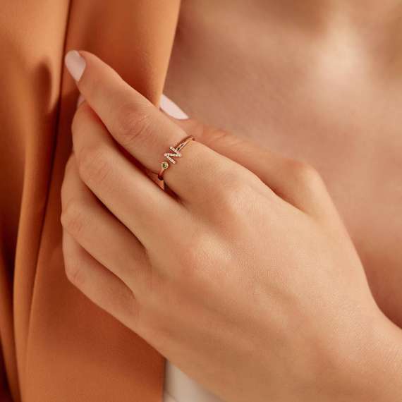 Diamond and Green Sapphire Rose Gold N Letter Ring - 3