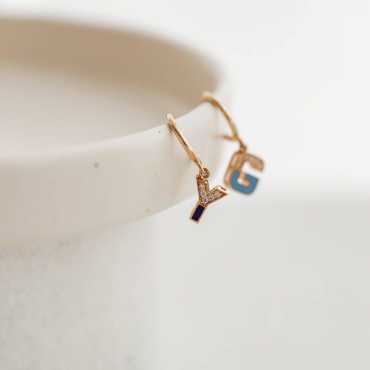 Diamond and Navy Blue Enamel Y Letter Single Dangling Earring - Nev Jewellery (1)