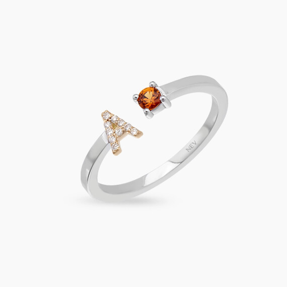 Diamond and Orange Sapphire White Gold A Letter Ring - Nev Jewellery