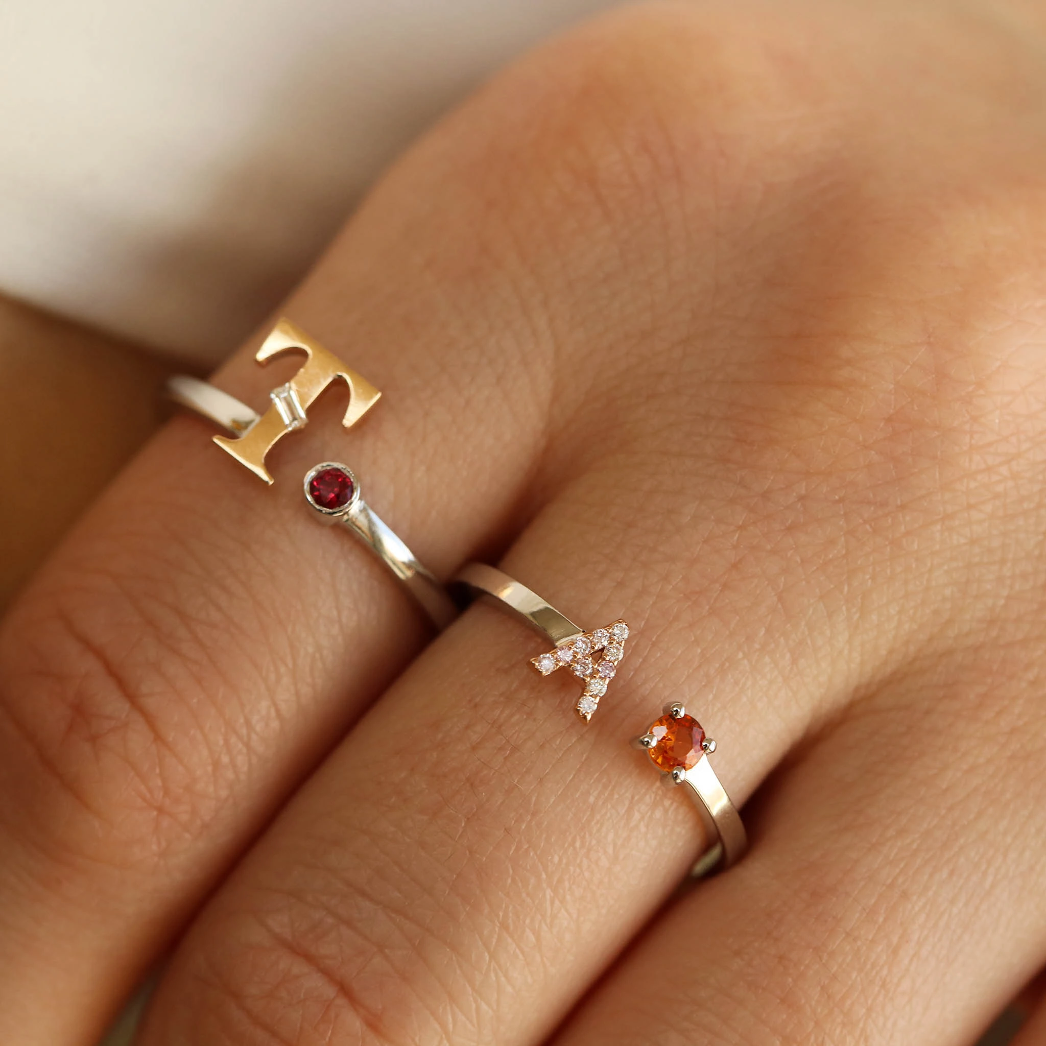 Diamond and Orange Sapphire White Gold A Letter Ring - Nev Jewellery (1)