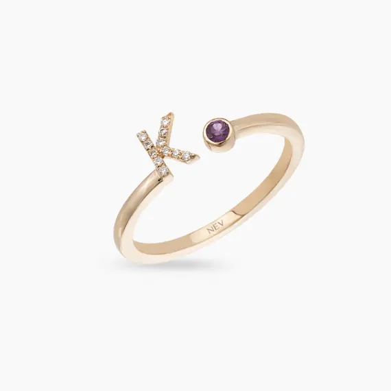 Diamond and Purple Sapphire Rose Gold K Letter Ring - 2