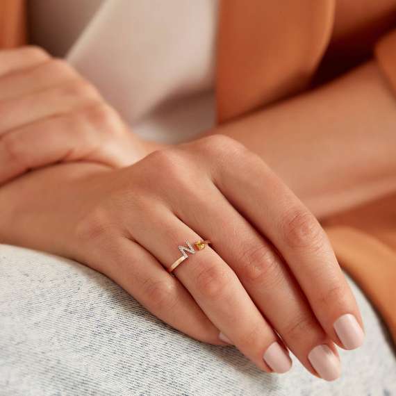 Diamond and Yellow Sapphire Rose Gold N Letter Ring - 2