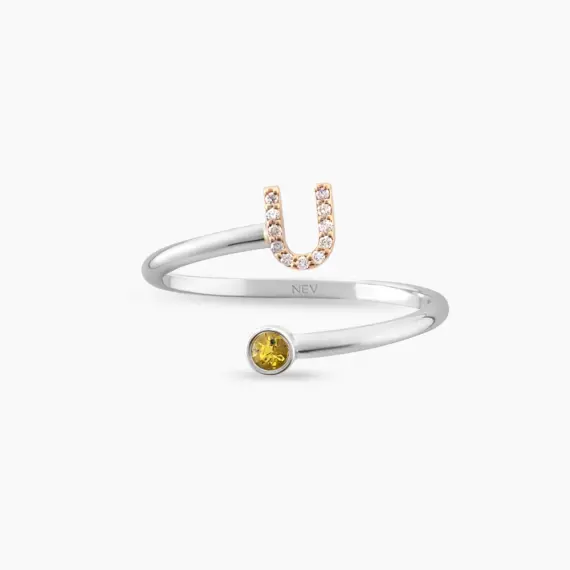 Diamond and Yellow Sapphire White Gold U Letter Ring - 3