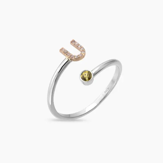 Diamond and Yellow Sapphire White Gold U Letter Ring - 1