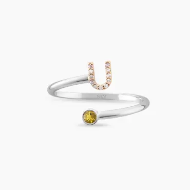 Diamond and Yellow Sapphire White Gold U Letter Ring - Nev Jewellery (1)