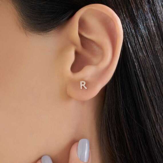 Diamond Rose Gold R Letter Mini Single Earring - 2