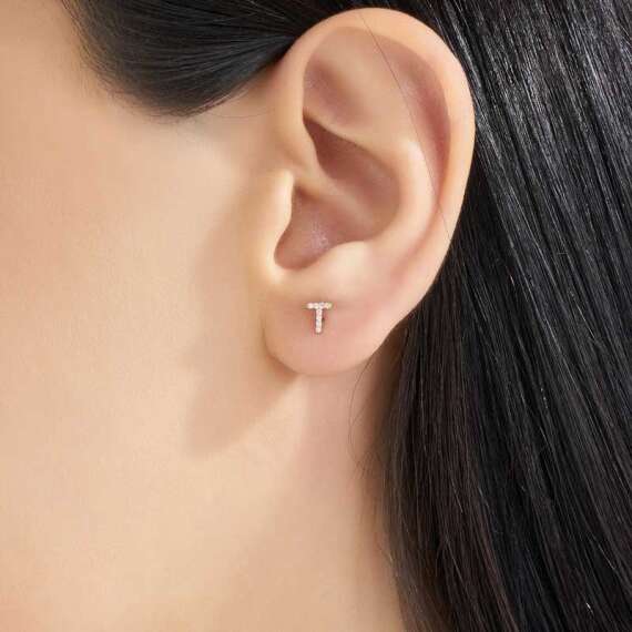 Diamond Rose Gold T Letter Mini Single Earring - 2