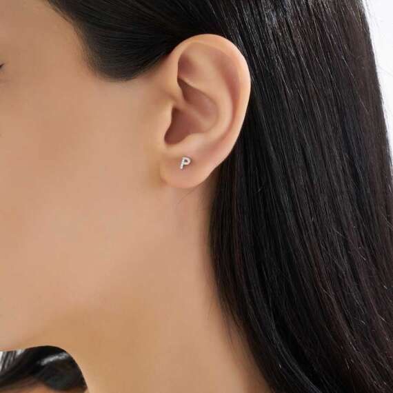 Diamond White Gold P Letter Mini Single Earring - 2