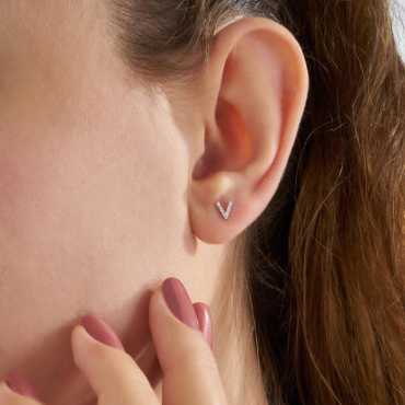 Diamond White Gold V Letter Mini Single Earring - Nev Jewellery