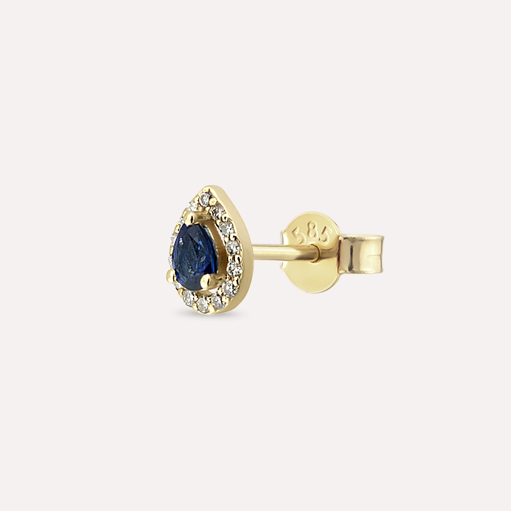 Drop 0.22 CT Pear Cut Sapphire and Diamond Yellow Gold Single Earring - Nev Jewellery (1)