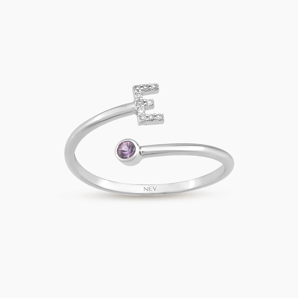 Diamond and Yellow Sapphire White Gold E Letter Ring - 1
