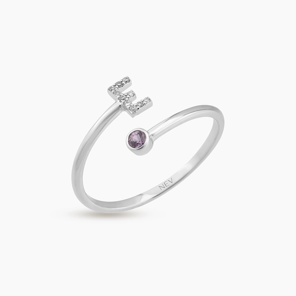 Diamond and Yellow Sapphire White Gold E Letter Ring - 3