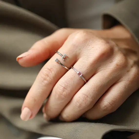 Diamond and Yellow Sapphire White Gold E Letter Ring - 2