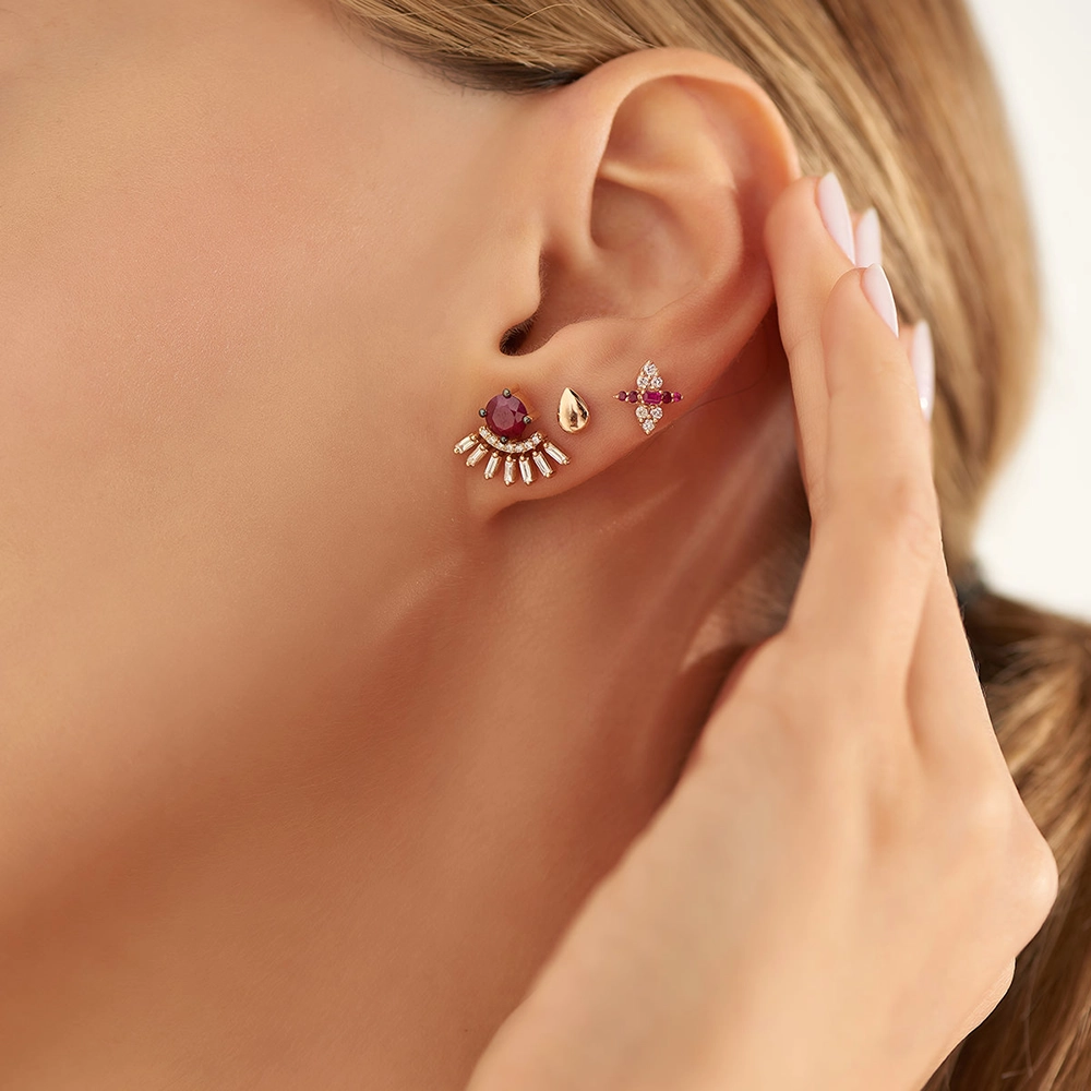 Enif 1.82 CT Ruby and Baguette Cut Diamond Rose Gold Earring - Nev Jewellery (1)
